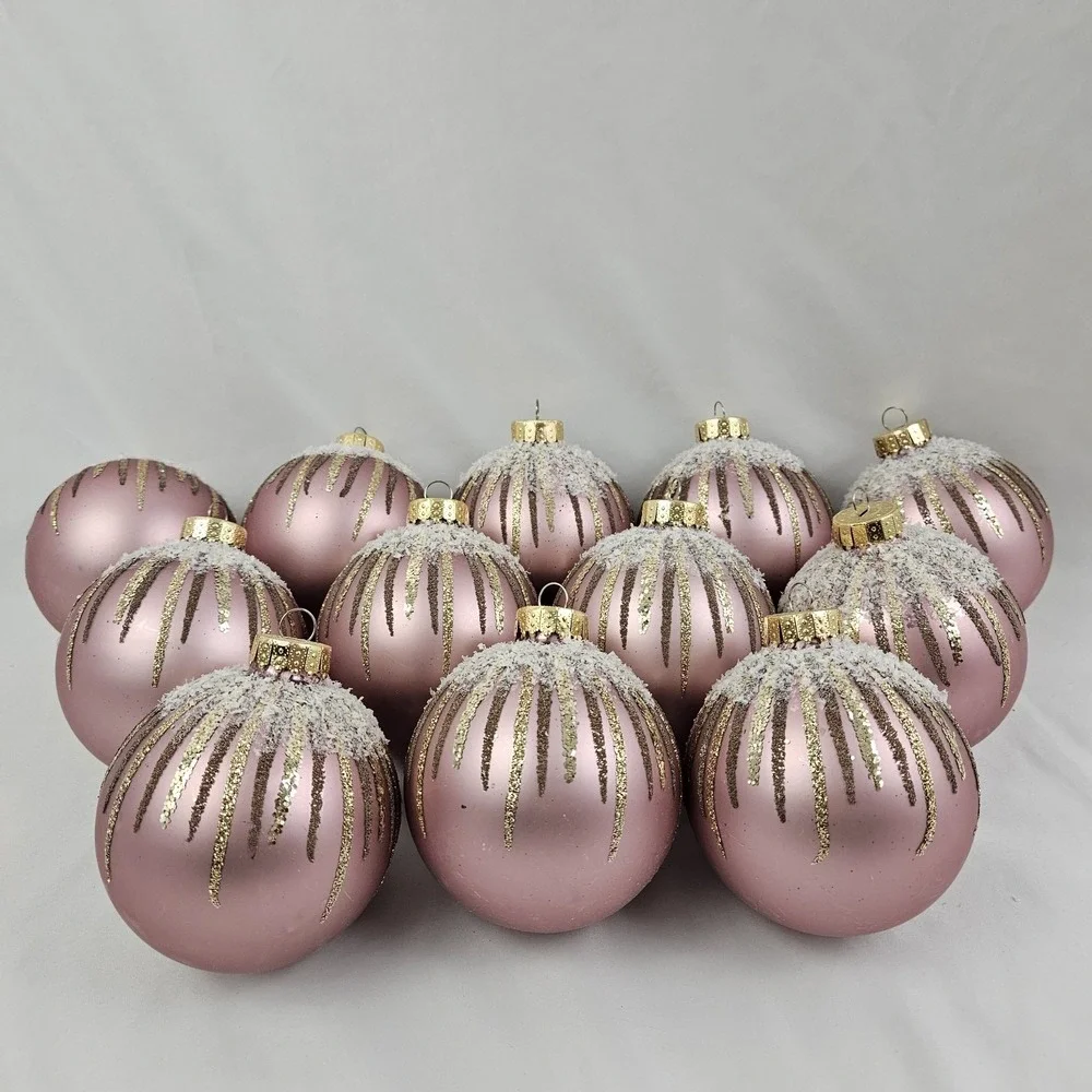 Large Opulent Pink Gold Round Mercury Glass Christmas Ornaments Set of 12